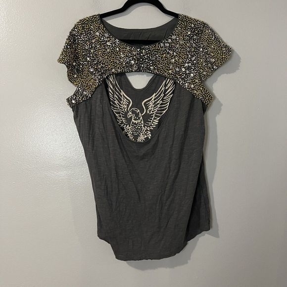 WE THE FREE Jeweled Shirt Women’s Large Gray Studded Eagle Grunge Casual Biker - Picture 4 of 10